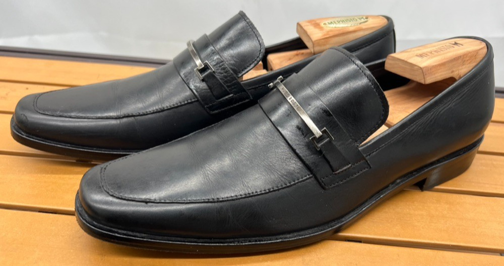 HUGO BOSS Men's Black Leather Bit Loafers Dress Shoes Silver Hardware Size 9.5